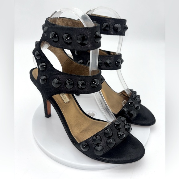 Cynthia Vincent Shoes - CYNTHIA VINCENT Black Strappy Heel Shoe Studded Hook Loop Sexy Ankle Wedding 6.5